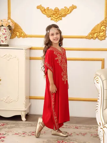 Vestido Caftán de Medio Oriente para Niñas Rojo Vino Bordado Dorado Túnica Étnica Manga Larga Vestido de Fiesta Niños 3-13 Años