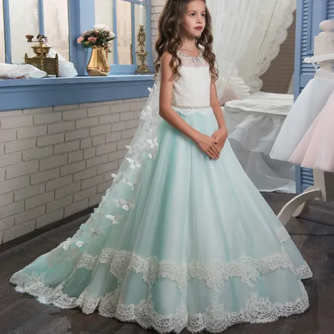Girls Mint Green Flower Girl Dress 3D Butterfly Lace Organza Tulle Long Princess Gown Wedding Party Performance Birthday