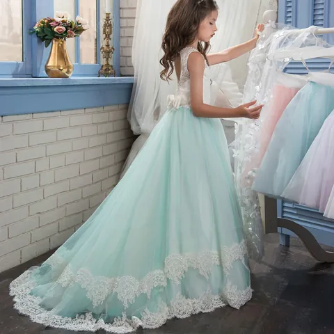 Girls Mint Green Flower Girl Dress 3D Butterfly Lace Organza Tulle Long Princess Gown Wedding Party Performance Birthday