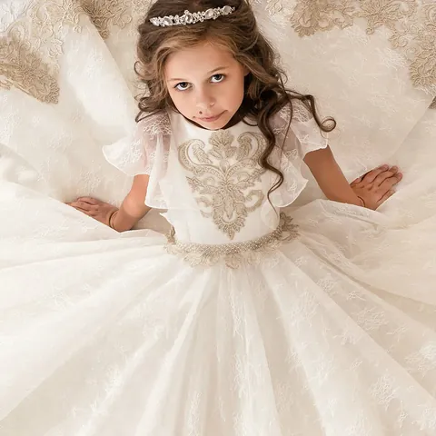 Lussuoso Abito da Ballo in Pizzo con Ricami in Oro Tulle per Bambine Elegante Abito da Damigella Avorio per Matrimonio Festa