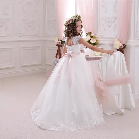 Girl Lace Mesh Flower Wedding Dress Sleeveless Princess Tulle Long Gown With Rhinestone Bow Belt Birthday Party Clothing