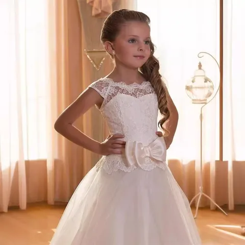 Elegant Girls Lace Mesh Flower Girl Dress Floor Length Big Bow Princess Gown For Wedding Birthday Party Ceremony