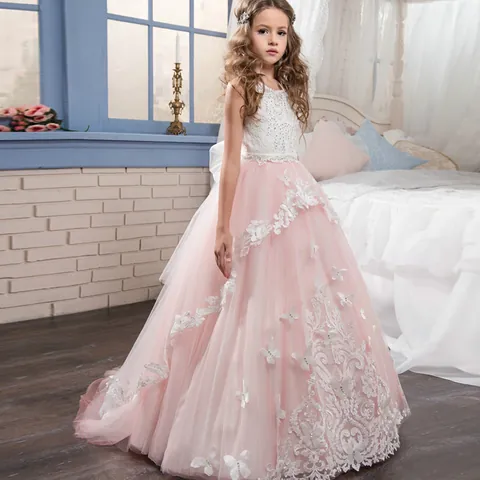 Girls Lace Rhinestone Tulle Tutu Dress Formal Wedding Bridesmaid Party Princess Gown Butterfly Applique Sleeveless Long Dress
