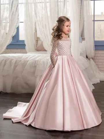 Elegant Girls Satin Princess Dress Lace Long Sleeve Bowknot Train Flower Girl Wedding Party Gown Kids Children Clothes
