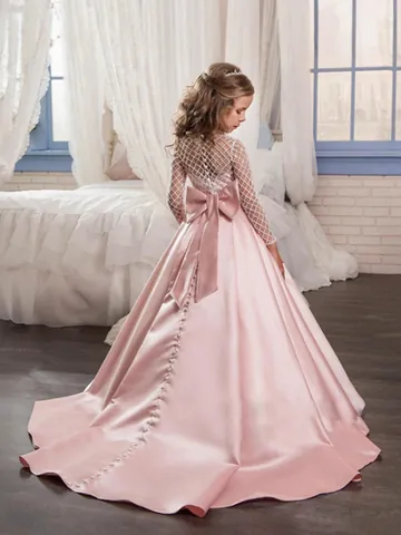 Elegant Girls Satin Princess Dress Lace Long Sleeve Bowknot Train Flower Girl Wedding Party Gown Kids Children Clothes