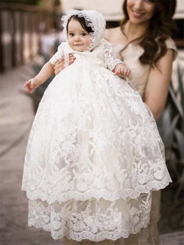Baby Girls Vintage Lace Christening Gown And Matching Bonnet Short Sleeve Tiered Baptism Dress For Newborn Birthday Party Wedding White Beige