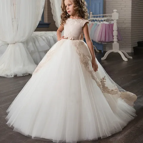 Lace Embroidery Flower Girl Dress Sleeveless Tulle Princess Wedding Party Ball Gown For Kids Girls Champagne Ivory White