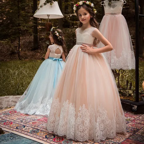 Lace Sleeveless High Waist Flower Girl Dress For Wedding Party Rhinestone Tulle Princess Tutu Gown For Girls Dresses