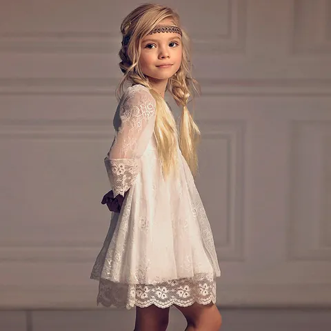 Girls Floral Lace Princess Dress Hollow Out Long Sleeve Wedding Birthday Party Elegant Performance Retro Gown Kids Apparel