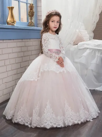 Blumenmädchenkleid Spitze Langarm Tulle Ballkleid Hochzeit Party Kleid Für Mädchen Stickerei Strass Schleife Prinzessin Kleid