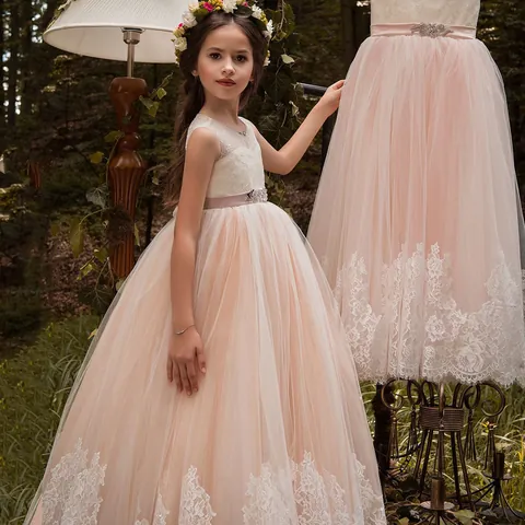 Lace Sleeveless High Waist Flower Girl Dress For Wedding Party Rhinestone Tulle Princess Tutu Gown For Girls Dresses