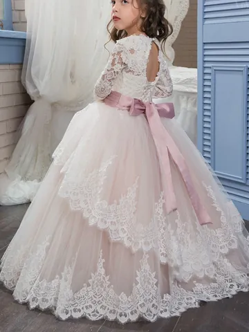 Blumenmädchenkleid Spitze Langarm Tulle Ballkleid Hochzeit Party Kleid Für Mädchen Stickerei Strass Schleife Prinzessin Kleid