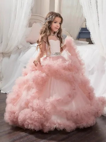 Girls Princess Tulle Ruffle Wedding Dress Flower Girl Pageant Party Gown Sleeveless Rhinestone Belt Floor Length Kids Performance Evening Dress
