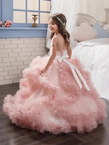 Girls Princess Tulle Ruffle Wedding Dress Flower Girl Pageant Party Gown Sleeveless Rhinestone Belt Floor Length Kids Performance Evening Dress