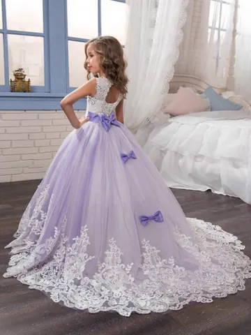 Girls Princess Lace Mesh Dress Flower Girl Wedding Party Formal Gown Trailing Hem Bow Rhinestones Embroidered Elegant Dress