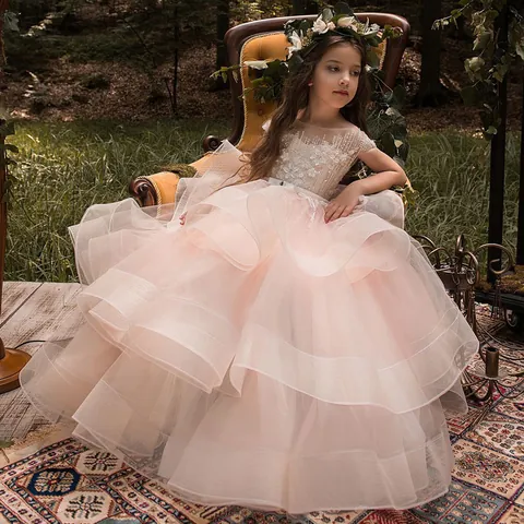 Girls Princess Mesh Dress Sleeveless Floral Embroidery Lace Layered Gown Flower Girl Wedding Birthday Party Formal Performance Wear