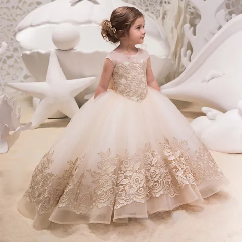 Girls Flower Girl Dress Lace Embroidery Sleeveless Ball Gown Puffy Tulle Princess Gown For Wedding Birthday Party
