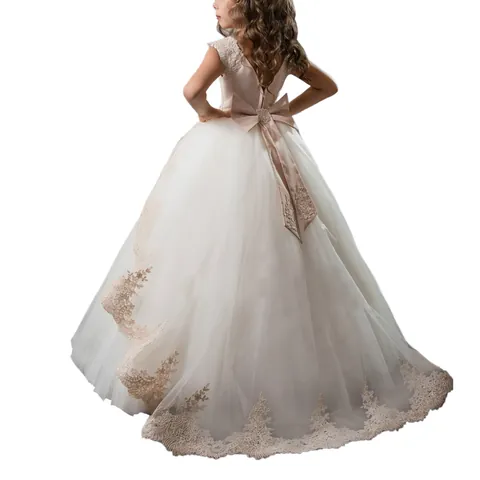 Lace Embroidery Flower Girl Dress Sleeveless Tulle Princess Wedding Party Ball Gown For Kids Girls Champagne Ivory White