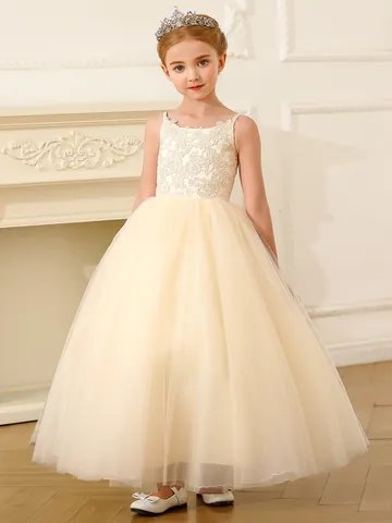 Girls Elegant Lace Mesh Formal Flower Girl Wedding Dress Sleeveless Spaghetti Strap Puffy Birthday Party Long Gown