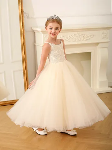 Girls Elegant Lace Mesh Formal Flower Girl Wedding Dress Sleeveless Spaghetti Strap Puffy Birthday Party Long Gown