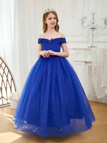 Off-Shoulder Girls Princess Formal Dress Mesh Tulle Long Tutu Gown With 3D Butterfly Artificial Pearls For Flower Girl Wedding Banquet Party