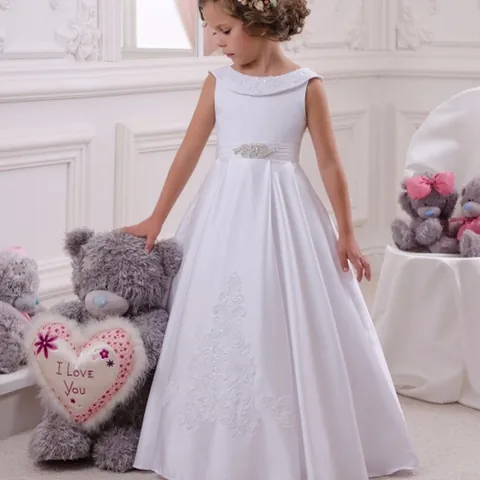 Elegante Abito da Damigella in Raso e Pizzo Bianco Avorio Senza Maniche Formale per Matrimonio Festa Con Fiocco Strass per Bambine