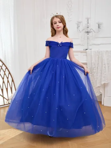 Off-Shoulder Girls Princess Formal Dress Mesh Tulle Long Tutu Gown With 3D Butterfly Artificial Pearls For Flower Girl Wedding Banquet Party