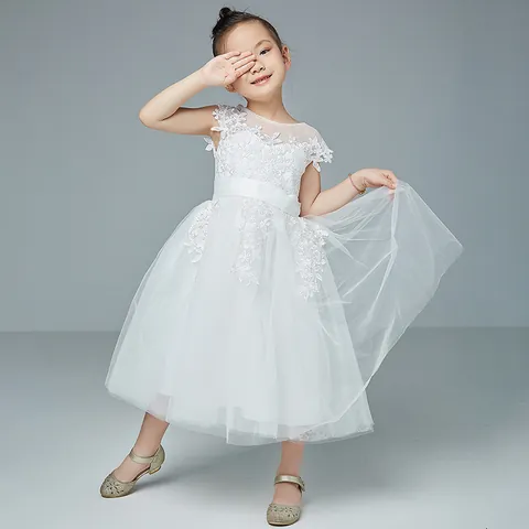 Girls Lace Mesh Princess Wedding Party Dress Sleeveless Embroidery Flower Girl Gown For Birthday Celebration Formal Occasion