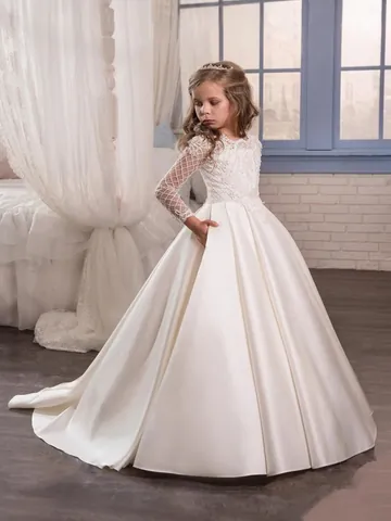 Elegante Bloemenmeisjesjurk Voor Meisjes Met Lange Mouwen Van Kant En Een Volle Satijnen Rok Vloerlengte Wit
