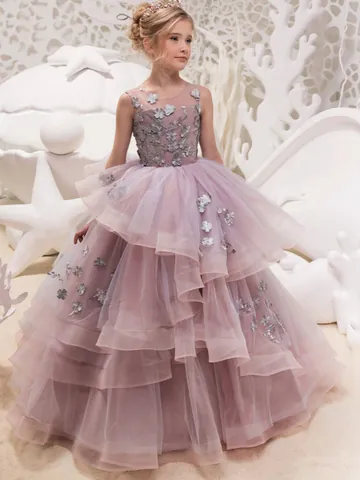 Girls Elegant Lace Party Dress 3D Floral Embroidery Mesh Princess Gown For Wedding Performance Ceremony Kids Formal Dress