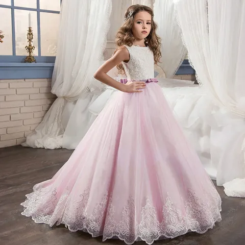 Girls Lace Embroidery Flower Girl Gown Elegant Sleeveless Tulle Gown For Wedding Party Birthday Princess Formal Dress