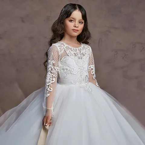 Girls White Lace Long Sleeve Flower Girl Dress For Wedding Performance Kids Princess Mesh Tulle Embroidery Ball Gown Party Dress