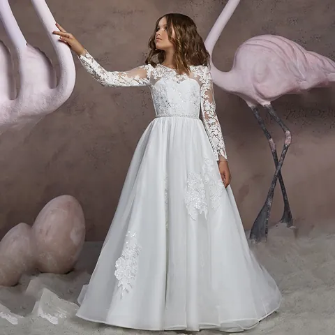 Girls Lace Long Sleeve Formal Dress Elegant White Mesh Flower Girl Wedding Party Gown Tutu Princess Dress For Birthday Performance