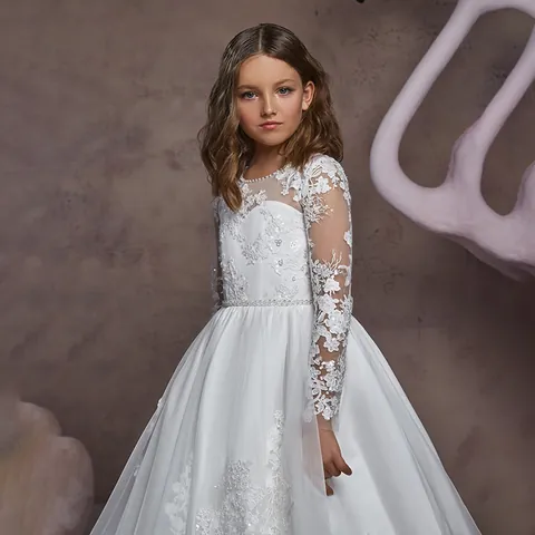 Girls Lace Long Sleeve Formal Dress Elegant White Mesh Flower Girl Wedding Party Gown Tutu Princess Dress For Birthday Performance