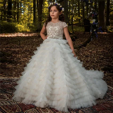 Girls Lace Embroidery Flower Girl Dress Elegant White Tulle Cake Tiered Princess Wedding Party Gown With Long Train