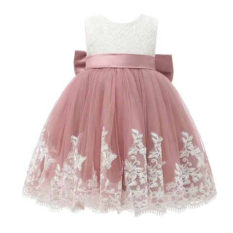 Mädchen Spitze Blumen Ärmellos Prinzessin Partykleid Elegant Rosa Weiß Tulle Puffig Kleid Mit Schleife Für Geburtstag Hochzeit