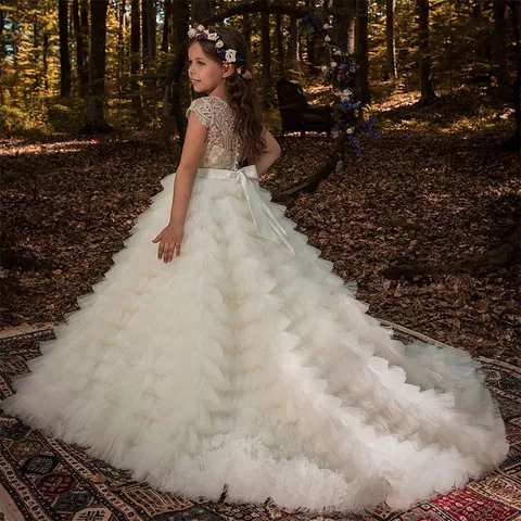 Girls Lace Embroidery Flower Girl Dress Elegant White Tulle Cake Tiered Princess Wedding Party Gown With Long Train