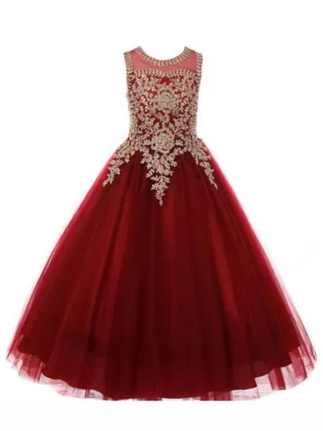 Girls Sleeveless Lace Rhinestone Princess Gala Dress Kids Formal Tulle Embroidery Ball Gown Birthday Performance Party Dress