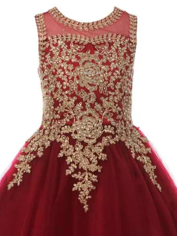 Girls Sleeveless Lace Rhinestone Princess Gala Dress Kids Formal Tulle Embroidery Ball Gown Birthday Performance Party Dress
