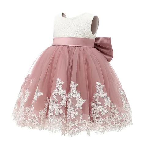 Mädchen Spitze Blumen Ärmellos Prinzessin Partykleid Elegant Rosa Weiß Tulle Puffig Kleid Mit Schleife Für Geburtstag Hochzeit