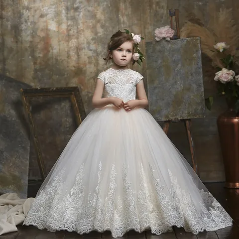 Girls Lace Sleeveless Backless Wedding Dress Ivory White Tulle Princess Gown For Birthday Party Performance Formal Kids