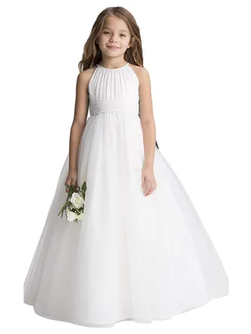 Girl Halter Neck Sleeveless Pleated Tulle Formal Dress Kids Princess Birthday Wedding Party Flower Girl Long Evening Gown