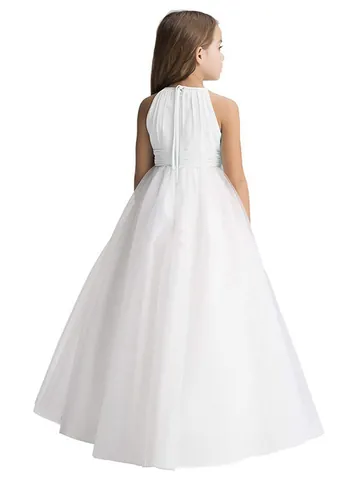 Girl Halter Neck Sleeveless Pleated Tulle Formal Dress Kids Princess Birthday Wedding Party Flower Girl Long Evening Gown