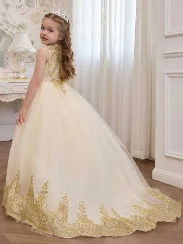 Girls Elegant Sleeveless High Neck Floral Embroidery Mesh Trailing Princess Dress Wine Red Royal Blue Party Wedding Gown