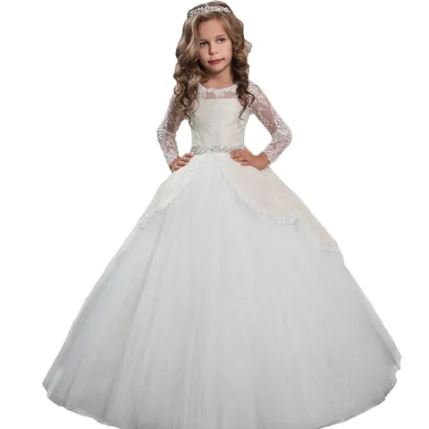 Girls Long Sleeve Lace Princess Flower Girl Dress Elegant Rhinestone Belt Tulle Puffy Gown For Wedding Party Performance