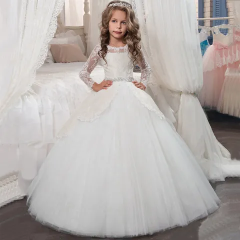 Girls Long Sleeve Lace Princess Flower Girl Dress Elegant Rhinestone Belt Tulle Puffy Gown For Wedding Party Performance