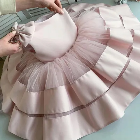 Girls Elegant One Shoulder Wedding Dress Polyester Cotton Lining Mesh Satin Layered Cake Skirt Performance Princess Gown 3-13 Years