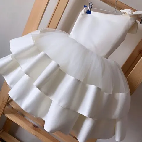 Girls Elegant One Shoulder Wedding Dress Polyester Cotton Lining Mesh Satin Layered Cake Skirt Performance Princess Gown 3-13 Years