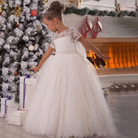 Meisjes Kant Bloemmeisje Jurk Rugloos Pof Tule Bruiloft Feest Formele Prinses Jurk Met Kunstparel Lovertjes Riem Korte Mouw