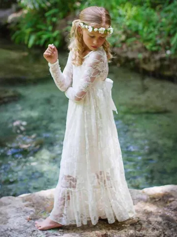 Girls Lace Flower Long Sleeve Princess Dress Elegant Tulle Layered Wedding Party Flower Girl Gown For Birthday Performance
